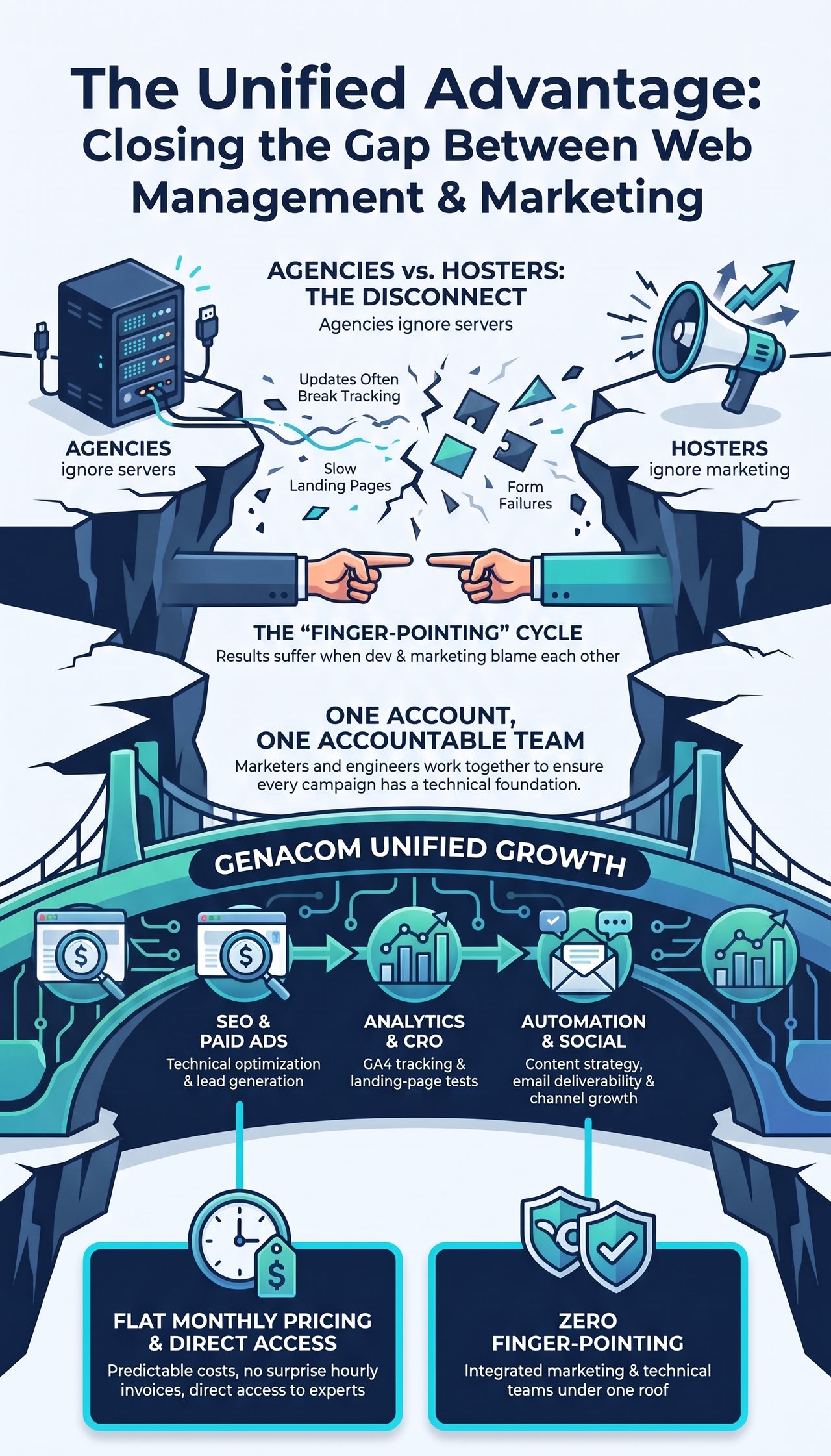The Unified Advantage: closing the gap between web management and marketing. Agencies vs. hosters, the disconnect: agencies ignore servers and hosters ignore marketing, so updates often break tracking, landing pages are slow and forms fail, and results suffer when dev and marketing blame each other in a finger-pointing cycle. One account, one accountable team: marketers and engineers work together to ensure every campaign has a technical foundation. Genacom Unified Growth bridges the gap with SEO and paid ads (technical optimization and lead generation), analytics and CRO (GA4 tracking and landing-page tests), and automation and social (content strategy, email deliverability and channel growth). Flat monthly pricing and direct access: predictable costs, no surprise hourly invoices, direct access to experts. Zero finger-pointing: integrated marketing and technical teams under one roof.